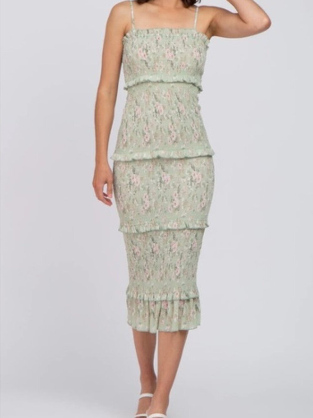 Mable Ada Smocked Tiered Sage Floral Ruffle Midi Dress Sz S coquette fairy
